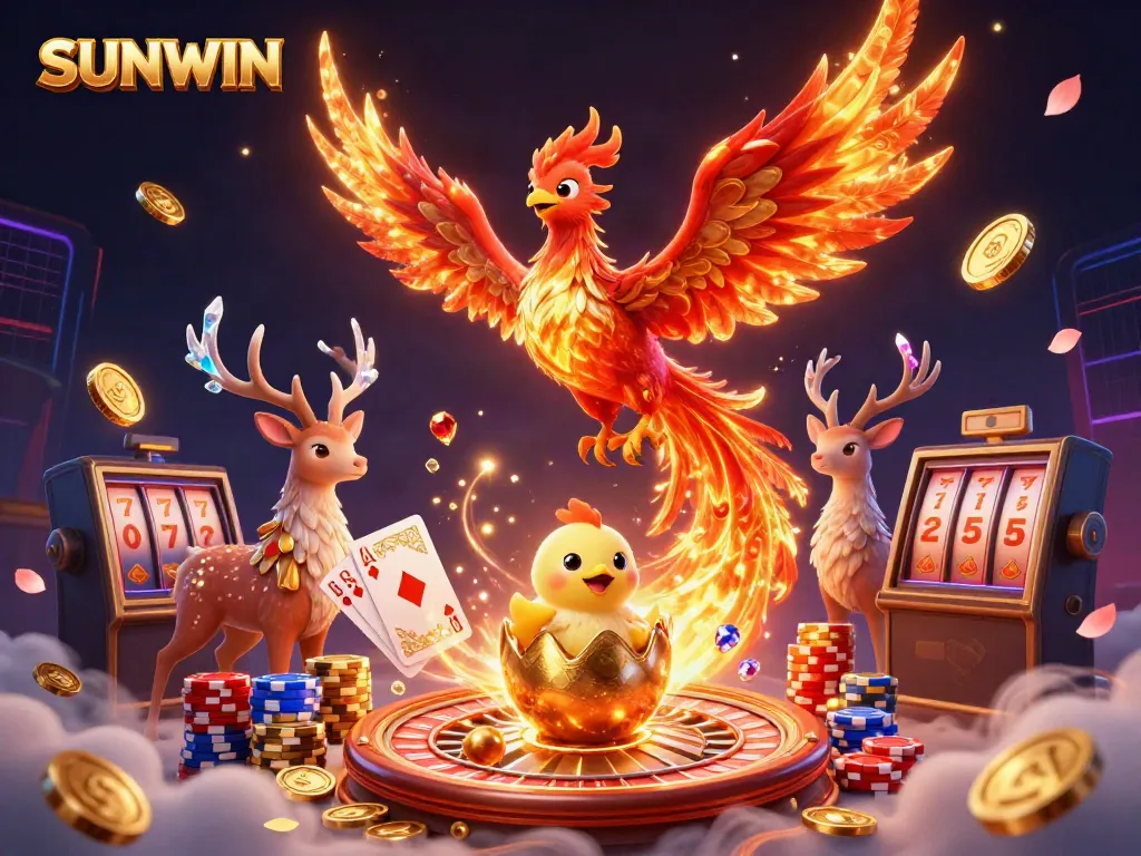 SUNWIN features a vibrant 3D phoenix scene with golden coins and gems, capturing an exciting casino atmosphere.