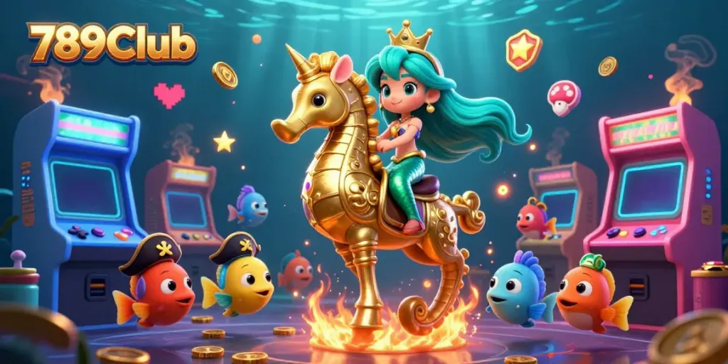 Engage with 789Club's vibrant underwater casino scene featuring a mermaid and a seahorse amidst colorful gaming elements.