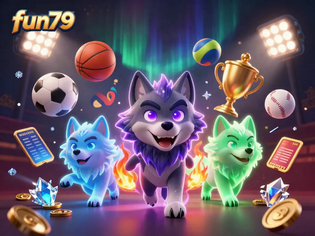 Bet on sports with fun79 in this vibrant, engaging 3D casino scene featuring mystical wolves.