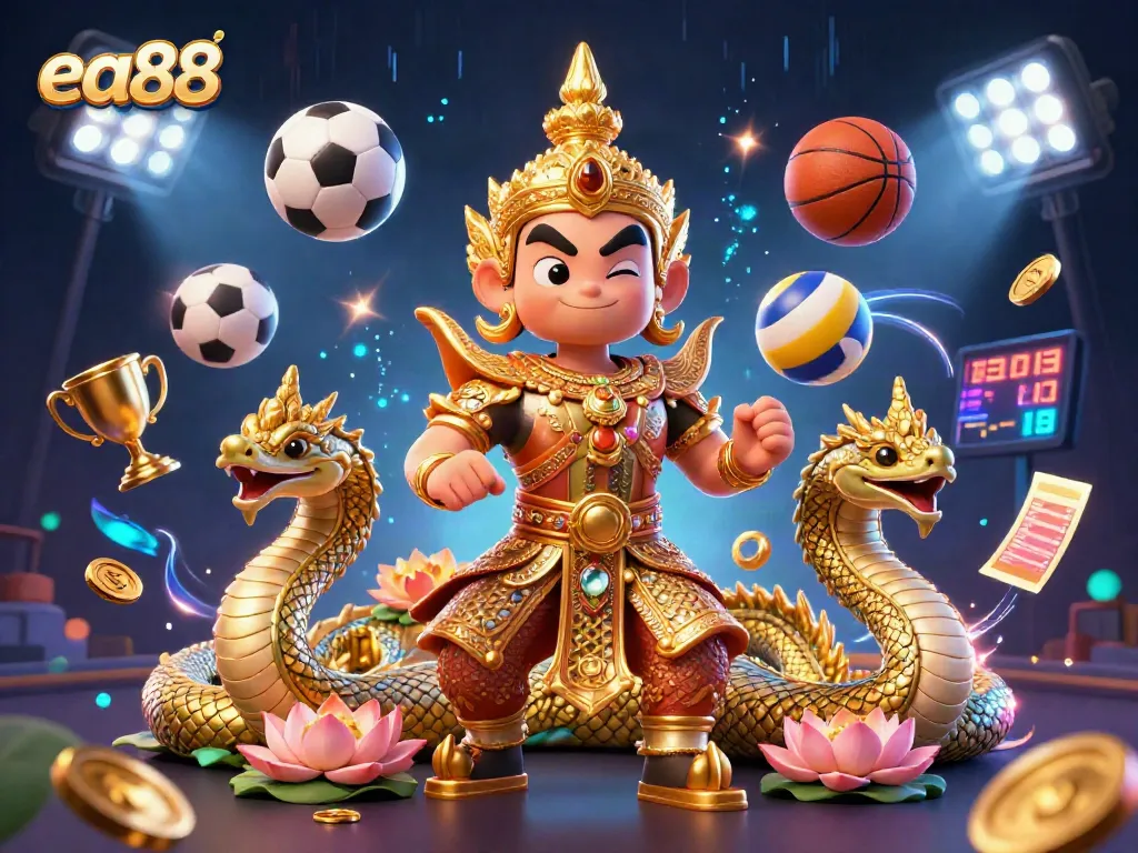 ea88 showcases vibrant 3D illustration of sports betting with dynamic elements and a strong atmosphere.