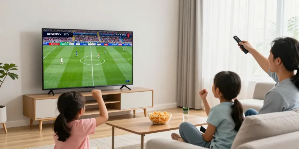 Familie genießt Dreamtv IPTV im Wohnzimmer mit Smart TV und Snacks.