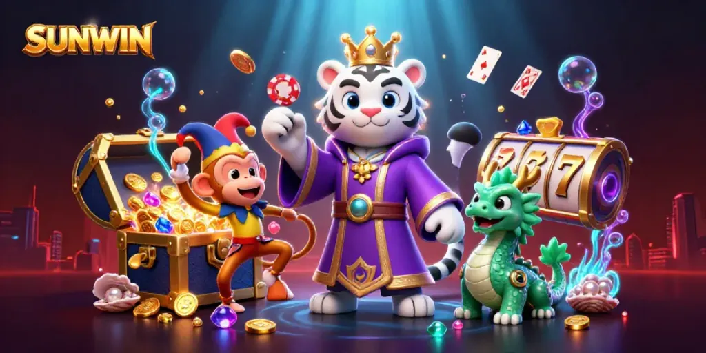 SUNWIN tiger and monkey celebrating with coins and colorful gems in a vibrant casino scene.