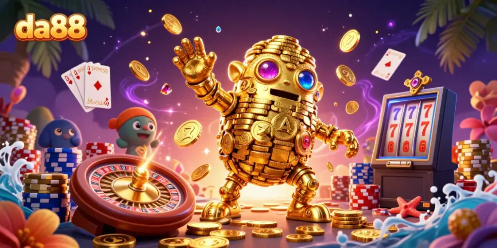 Experience the excitement of da88 with golden golems and casino elements in a vibrant 3D scene.