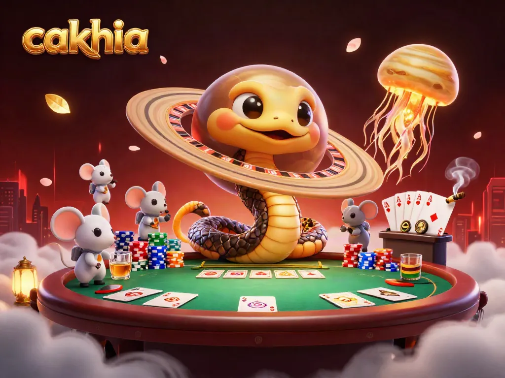 Cakhia features cosmic characters engaged in betting around a roulette wheel in a vibrant 3D digital illustration.