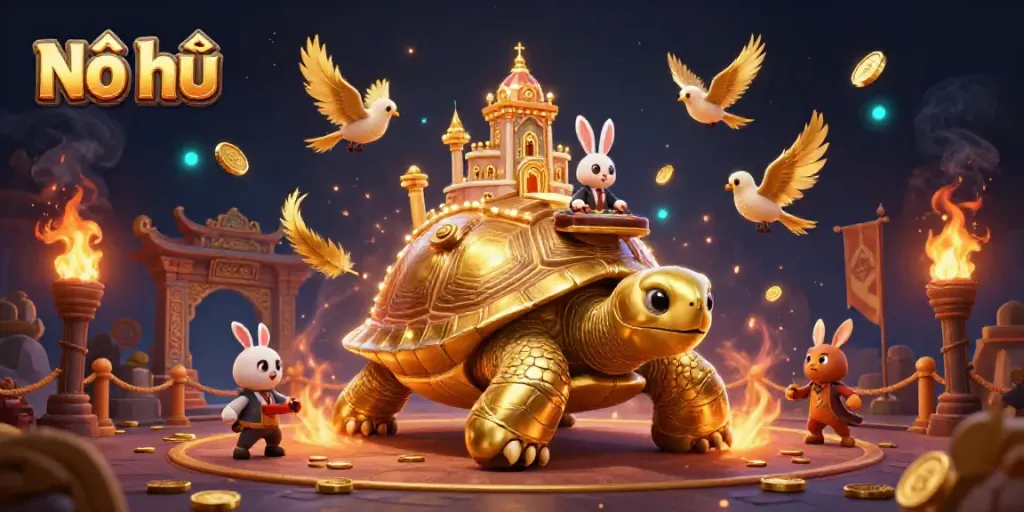 Spin the Nổ hũ jackpot with a vibrant rabbit dealer and golden tortoise casino setup.