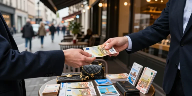 Diskrete Transaktion mit 50-Euro-Fälschungen in einem geschäftigen Café.