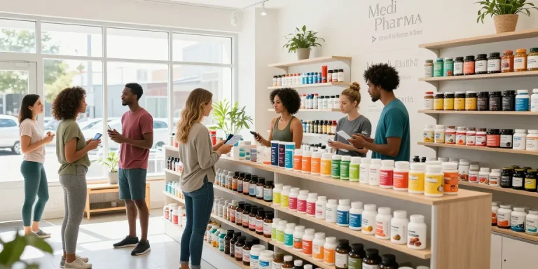 Kunden erkunden Produkte im Medi Pharma Shop, der Gesundheitspräparate und Wellnessartikel in einer hellen Atmosphäre präsentiert.