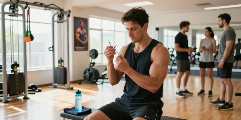 Anabolika Shop: Bodybuilder demonstrating proper injection techniques for anabolic steroids in a modern gym setting.