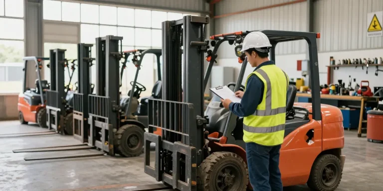 Gebrauchter Toyota Gabelstapler wird von einem Techniker in einem hellen Lager geprüft