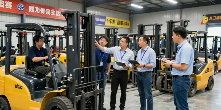 Engagierte Fachleute diskutieren über Toyota Gabelstapler gebraucht in einem geschäftigen Lagerhaus und zeigen verschiedene Modelle sowie eine kollaborative Atmosphäre.