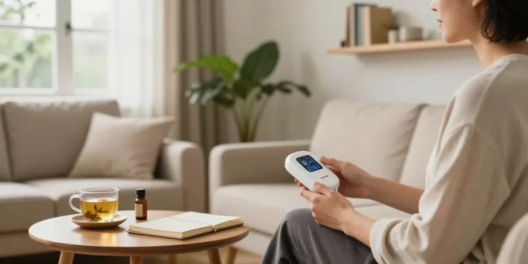 ZenoWell erfahrungen: User relaxing with the Vagus nerve stimulator in a serene home environment