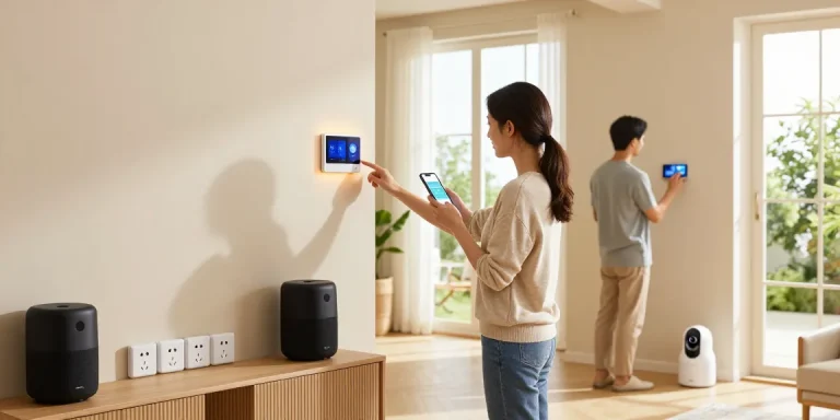 Couple enjoying smart home gadgets like lighting and thermostat in a cozy living room setup.
