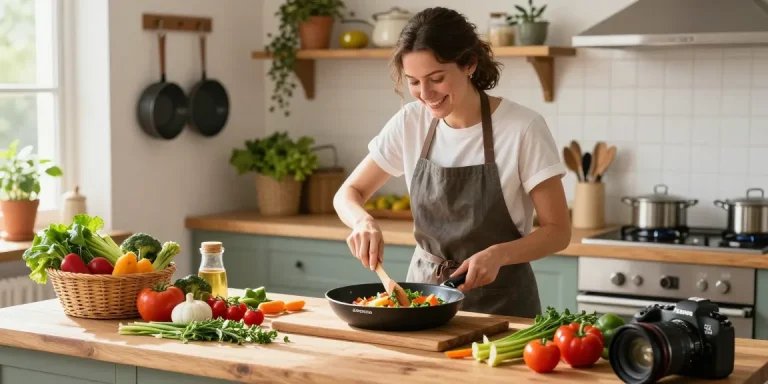 Der Koch kocht fröhlich mit einer PTFE freien Pfanne und zeigt lebendige Gemüse und gesunde Mahlzeitenvorbereitung.