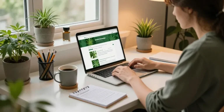 Patient in heimischem Büro bei der Recherche über Cannabis Apotheke Online finden in ruhiger Atmosphäre.