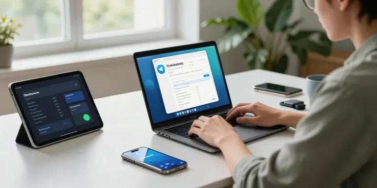 Setting Telegram Chinese interface in a modern workspace with tech gadgets.