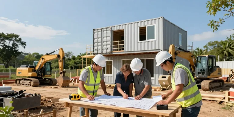 Containerfundament: Bauarbeiter legen eine stabile Basis für ein Containerhaus an.