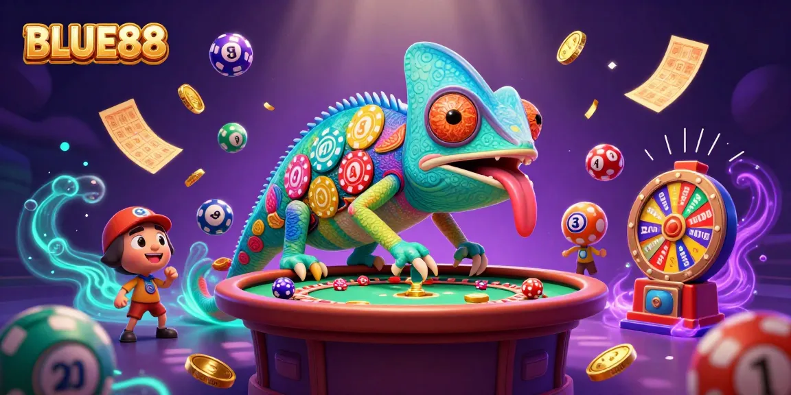 Engage with BLUE88's vibrant casino experience featuring a chameleon owner and dynamic game elements.
