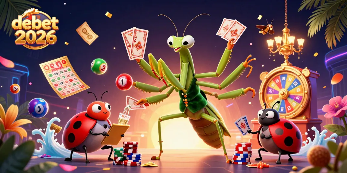 Join the excitement at debet2026 with a giant praying mantis card sharp and vibrant casino elements.