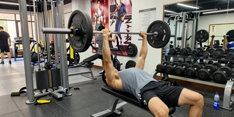 Utinon Steroids Shop: Bodybuilder im Fitnessstudio beim Bankdrücken, motivierende Umgebung und intensive Trainingsatmosphäre.