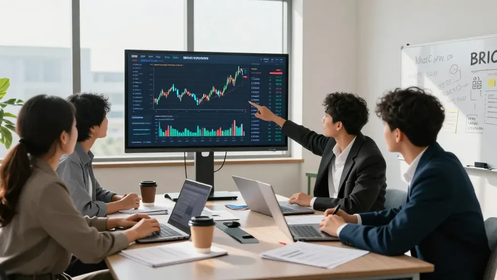 Professionals discussing how to buy in BRICS crypto in a sleek conference room environment