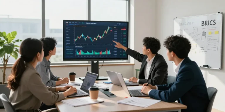 Professionals discussing how to buy in BRICS crypto in a sleek conference room environment
