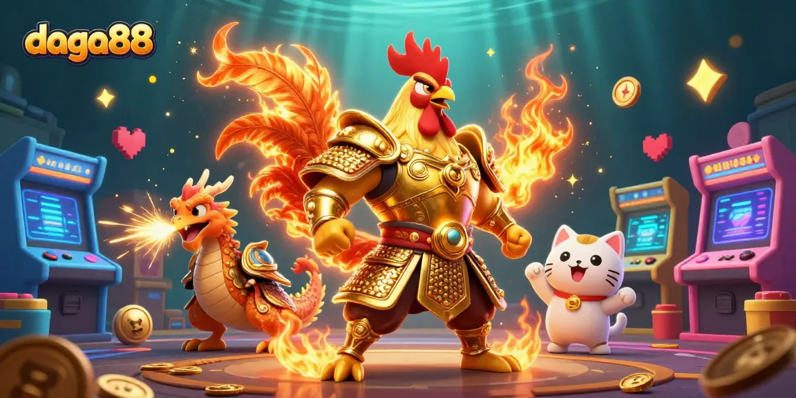 Engage with the thrilling action of daga88's cockfighting arena featuring an armored rooster warrior and dragon hatchling.