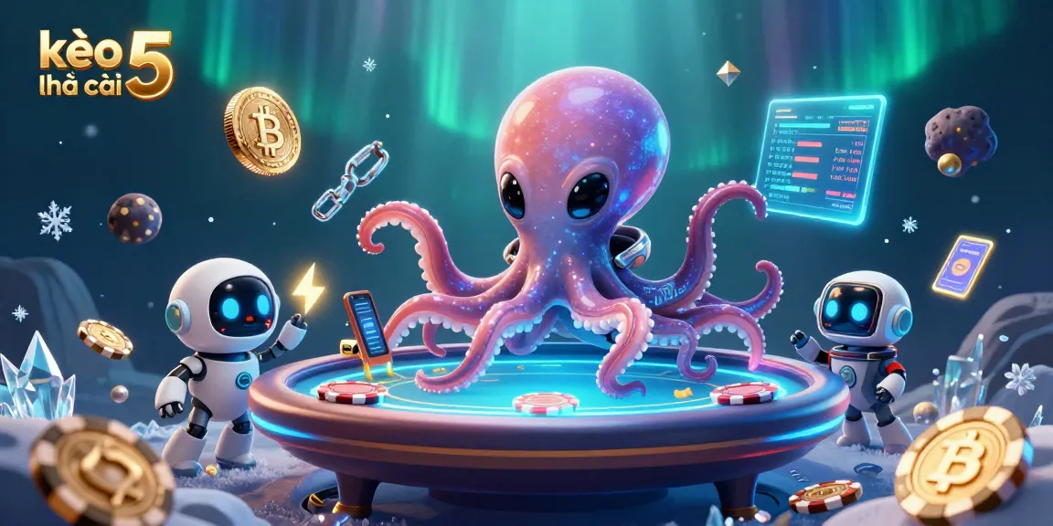 Engage in kèo nhà cái 5 with a thrilling scene of a cosmic octopus and crypto elements in action!