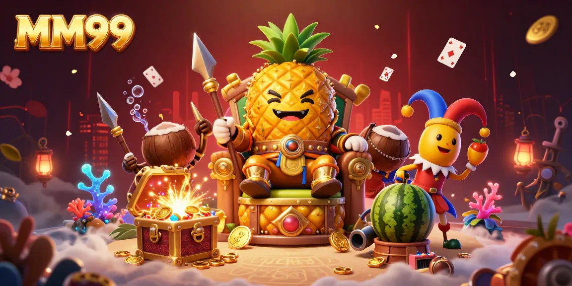 Experience the vibrant MM99 casino with a golden pineapple king and dynamic beach elements.