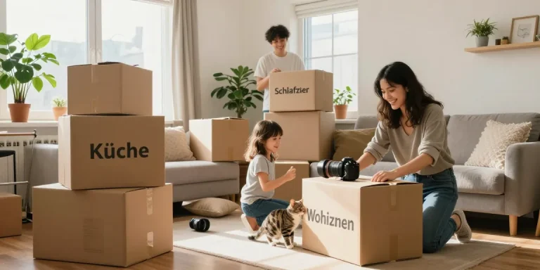 Umzugsunternehmen Speyer – Familie packt und organisiert Umzugskisten im Wohnzimmer.