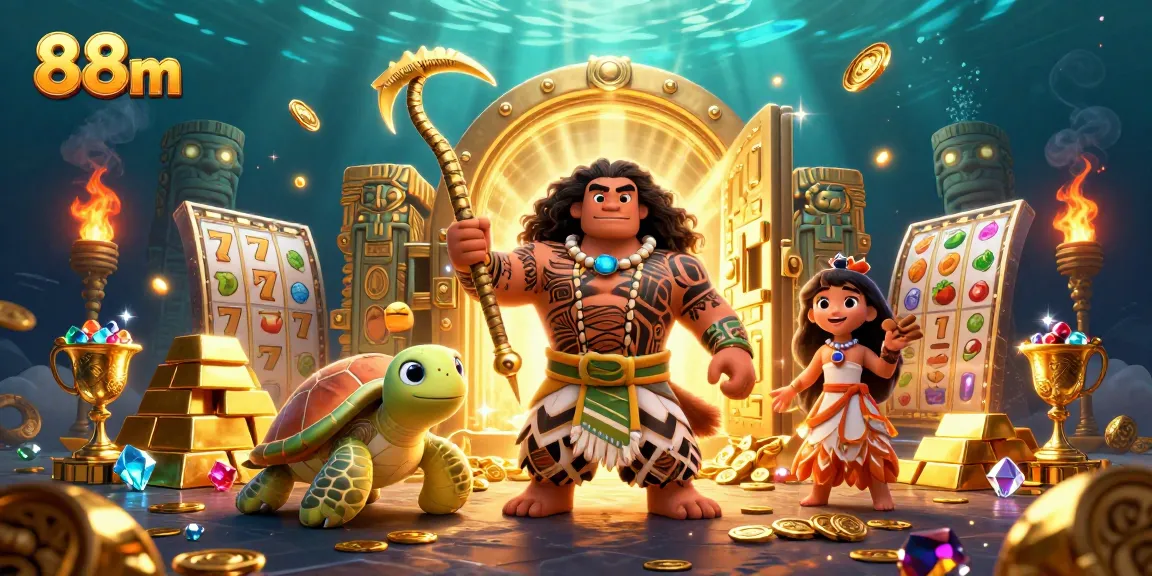 Spin the reels with 88m's vibrant casino scene featuring a magical caricature in a treasure-filled fantasy.