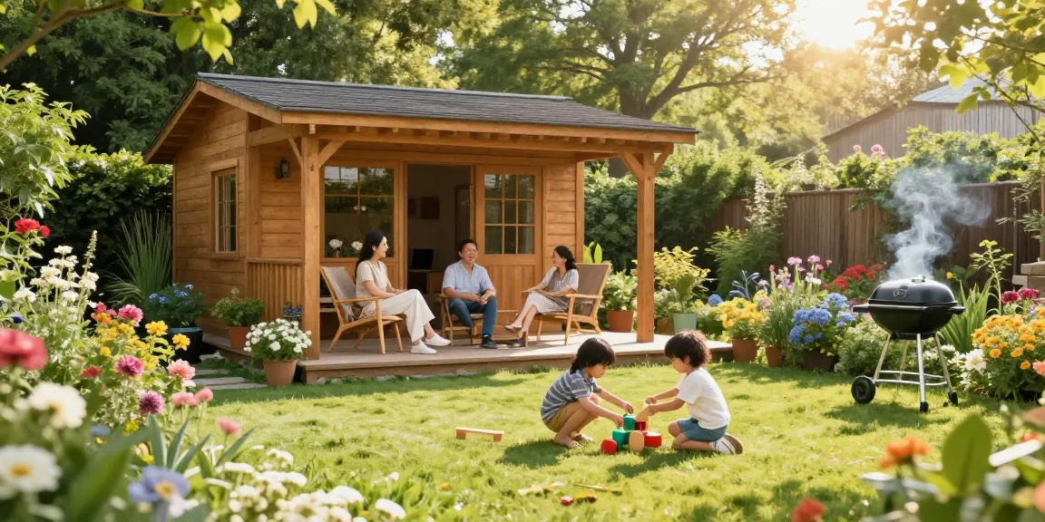 Gartenhaus in blühendem Garten mit Familie und Spielzeug, sonnige Atmosphäre