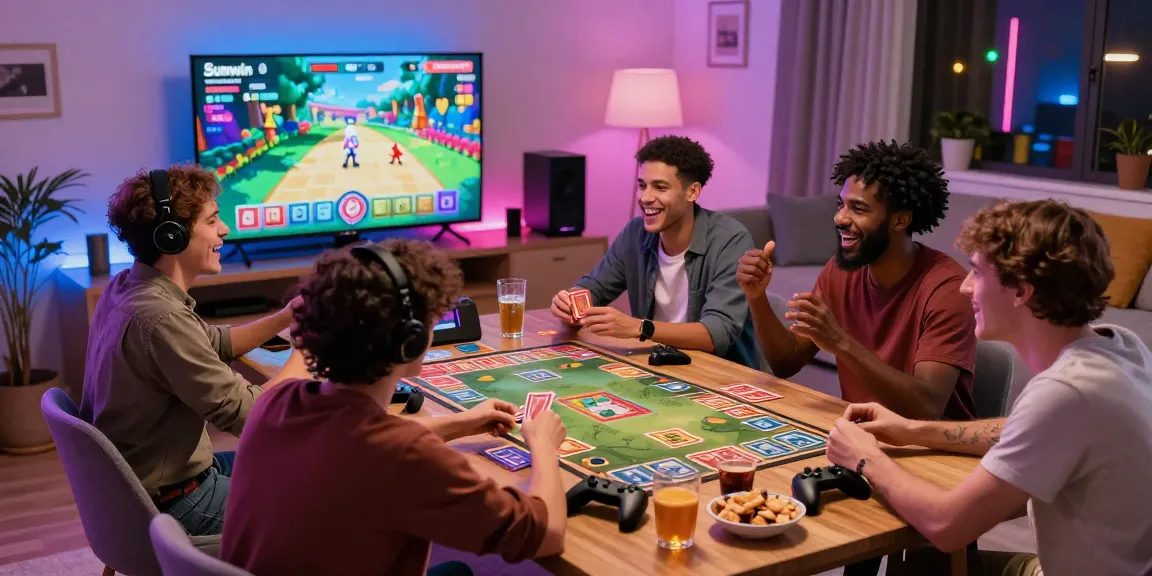 Friends enjoying Sunwin gaming together in a vibrant living room, showcasing an engaging social gaming experience.