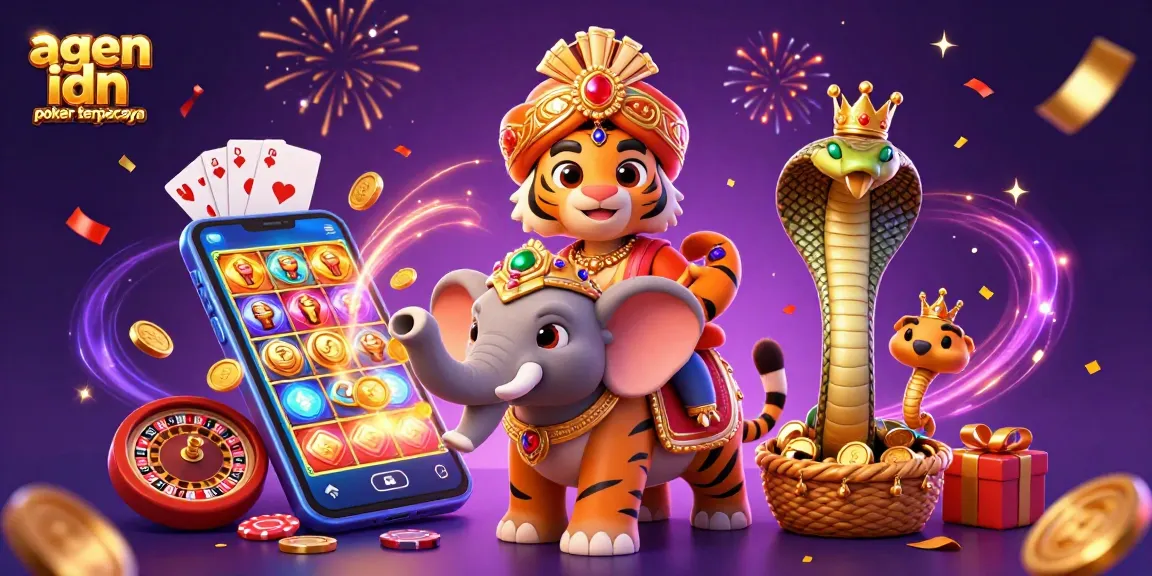 Agen idn poker terpercaya merayakan kemenangan dengan ilustrasi 3D menarik, menunjukkan karakter dan elemen kasino.