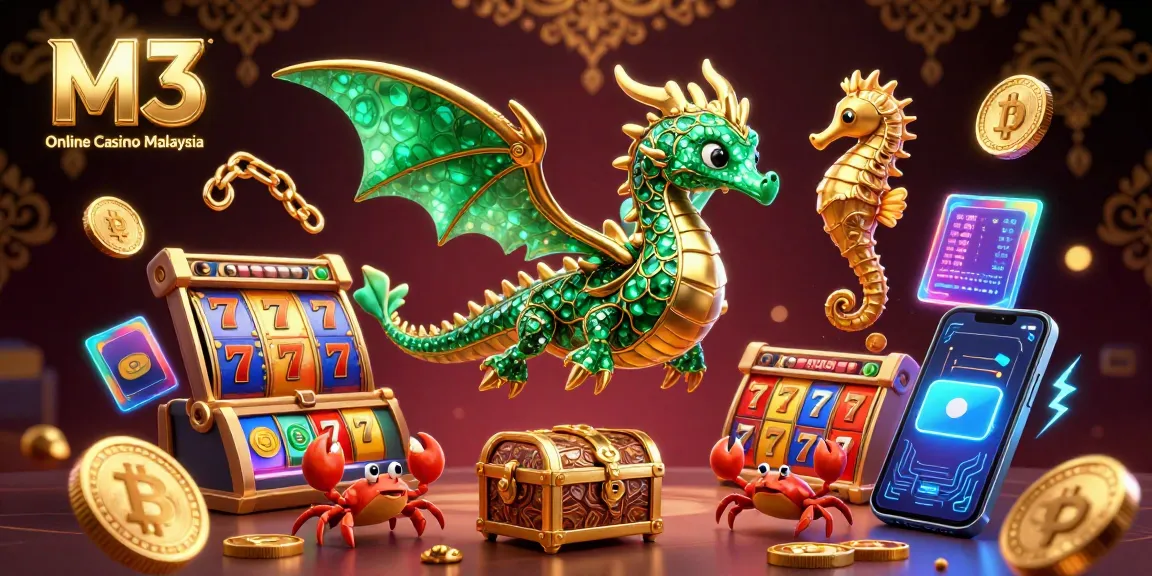 M3 Online Casino Malaysia features vibrant 3D artwork with slot reels and sea creature elements, enticing players to win rewards.