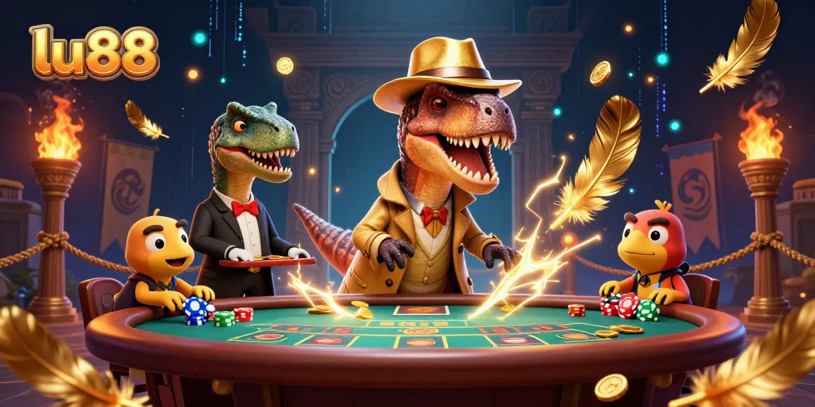 lu88 velociraptor card counter sneaks chips amidst lively casino scene with suspenseful elements