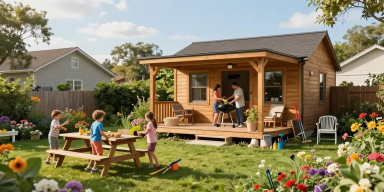 Ein Gartenhaus aus Holz im Garten mit einer Familie, die ein BBQ genießt, umgeben von Blumen und Bäumen.