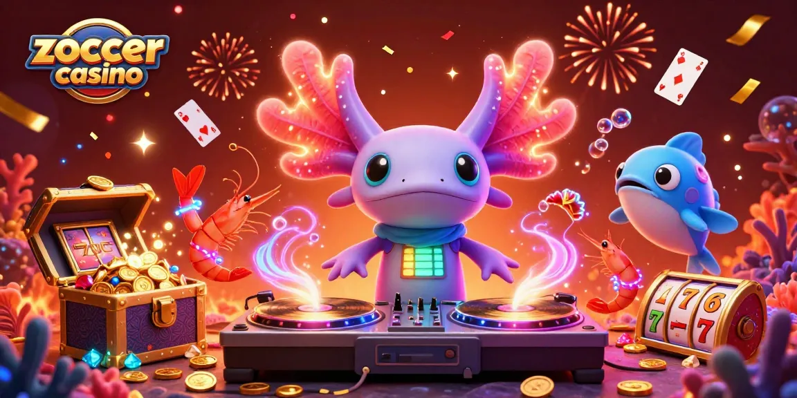 Experience the excitement of zoccer casino with vibrant 3D illustration of a DJ and underwater treasures.