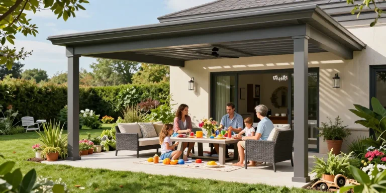 Moderne freistehende Terrassenüberdachung mit glücklicher Familie im Garten.