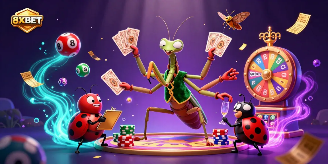 Engaging 8XBET scene featuring a card sharp and pit boss amidst lottery elements and golden tickets.