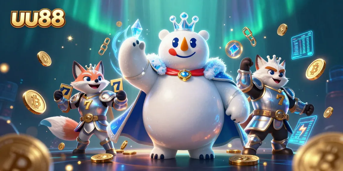 Spin the reels and win at uu88 with a whimsical casino scene featuring an ice king and vibrant tokens.