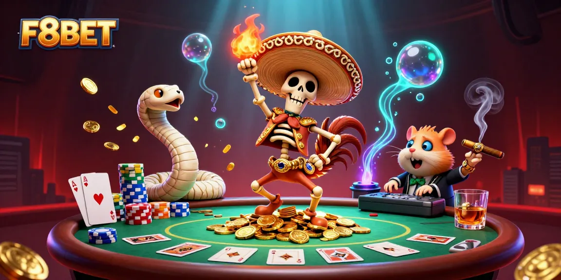 Experience excitement at F8BET with a vibrant 3D casino scene featuring a dancing mariachi rooster.
