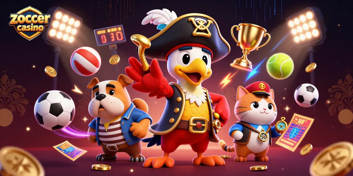 Zoccer casino showcases a vibrant scene with sports-themed 3D characters and dynamic game elements.