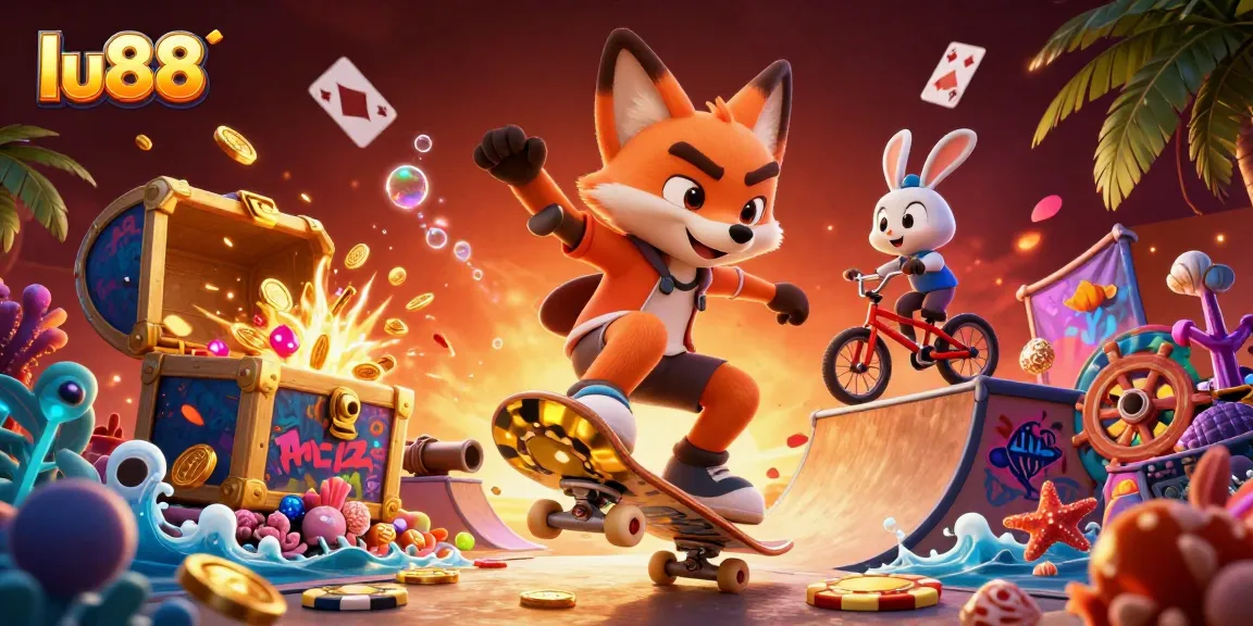 Spin and win with vibrant lu88 casino-themed illustration featuring playful characters and treasures.