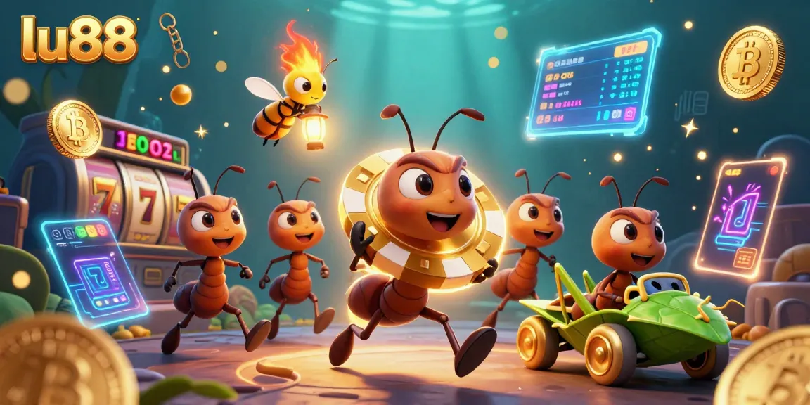 Experience a thrilling heist adventure with lu88 as ants steal a giant poker chip, surrounded by casino riches.