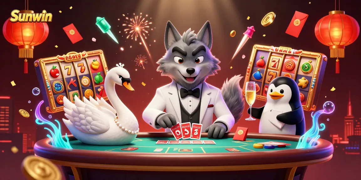 Experience the excitement of Sunwin with a dynamic 3D casino scene featuring a debonair wolf, elegant swan, and penguin sommelier.