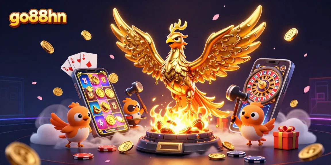 Experience thrilling games with go88hn, featuring a golden phoenix amidst casino elements.