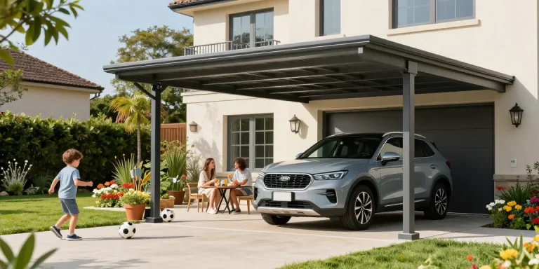 Moderne Carport-Konstruktion mit Fahrzeug darunter und lebendiger Gartenatmosphäre