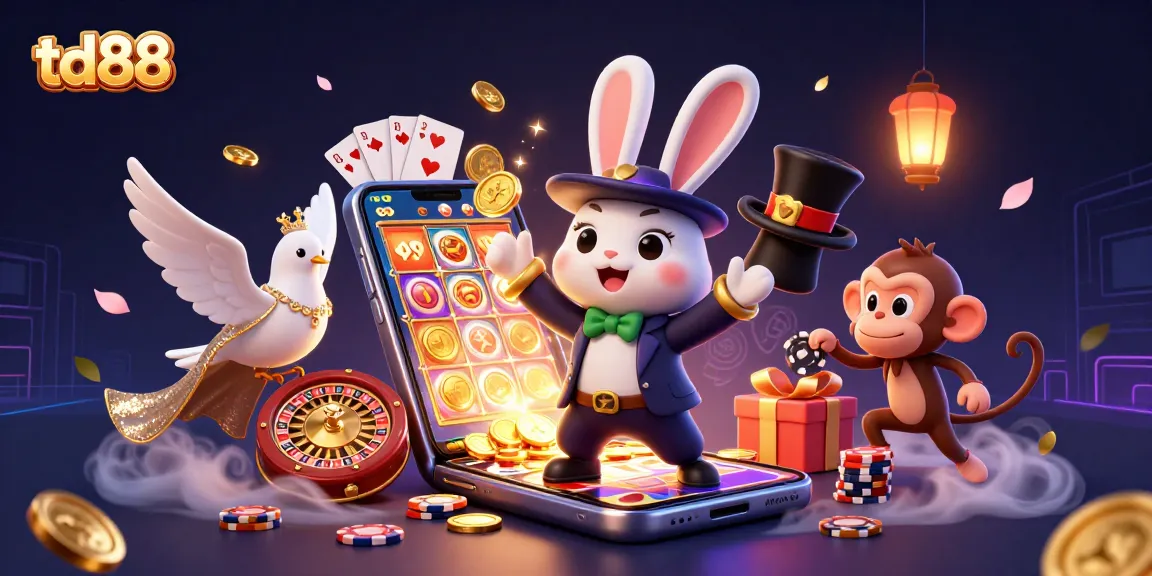 Engage with td88 by pulling golden coins and poker chips in a lively casino scene.