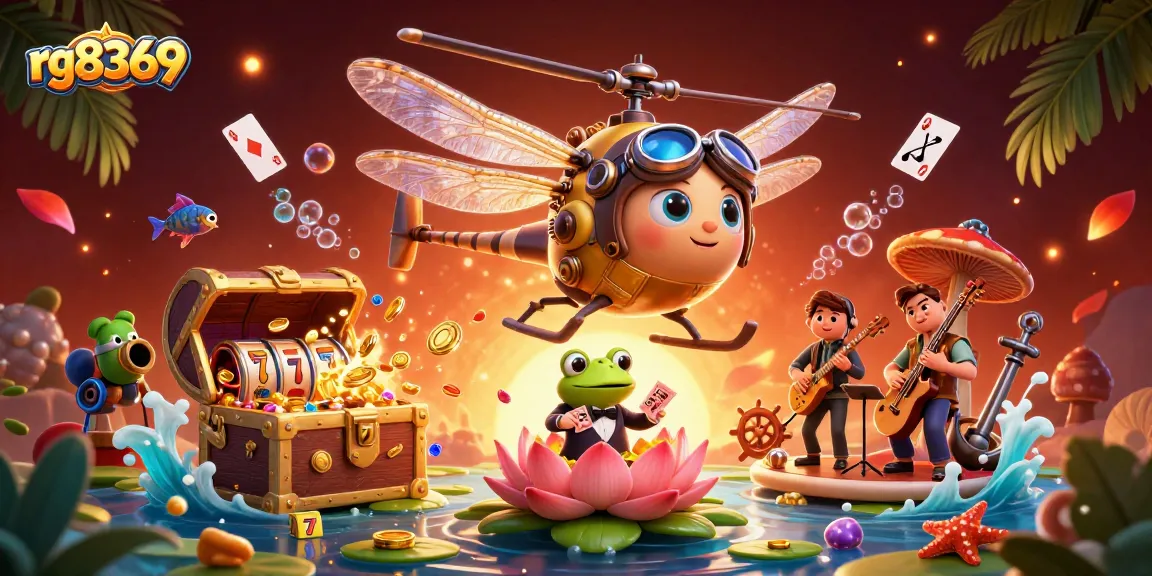 Experience thrilling gameplay at rg8369 with a dragonfly pilot, frog croupier, and jazz musicians in a vibrant casino scene.