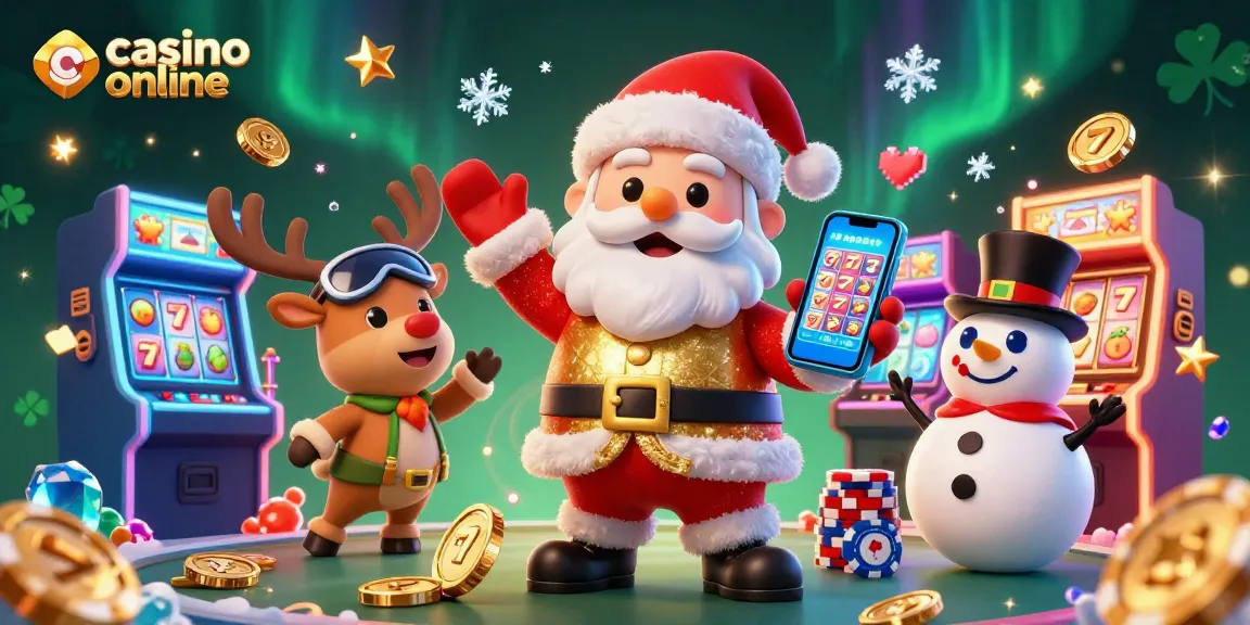 Engaging casino online scene featuring Santa, a reindeer dealer, and a poker chip snowman.